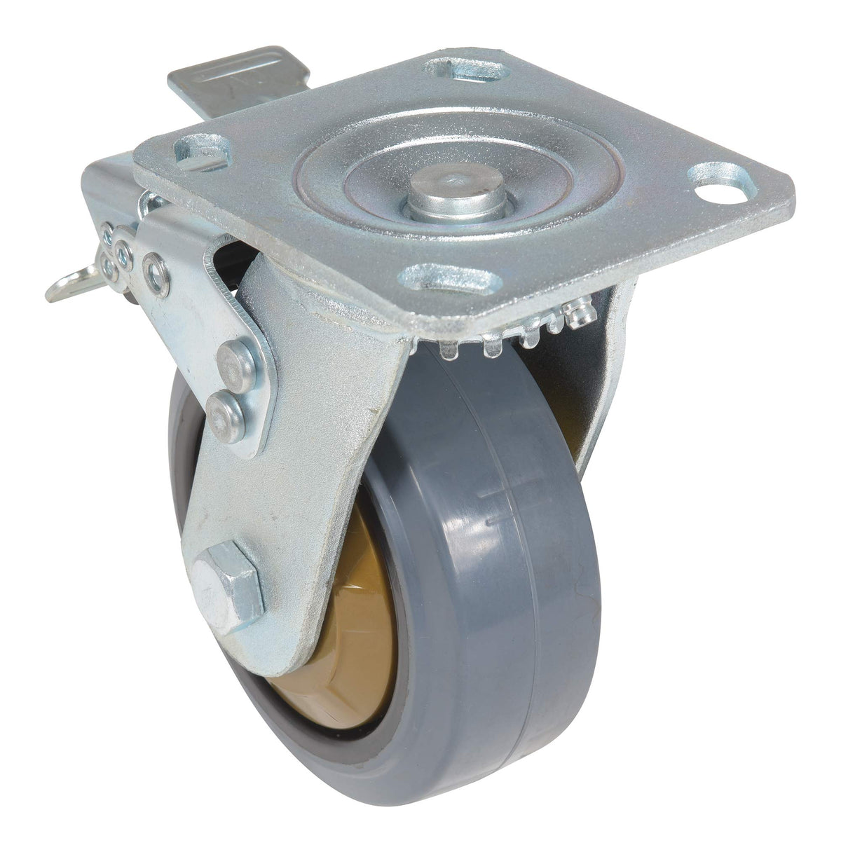 Vestil CST-KSM-5X2MR-SWTB Rubber Swivel with Total Brake Caster 5 in. Diameter x 2 in. Width 661 Lb. Capacity Dark Gray/Gold