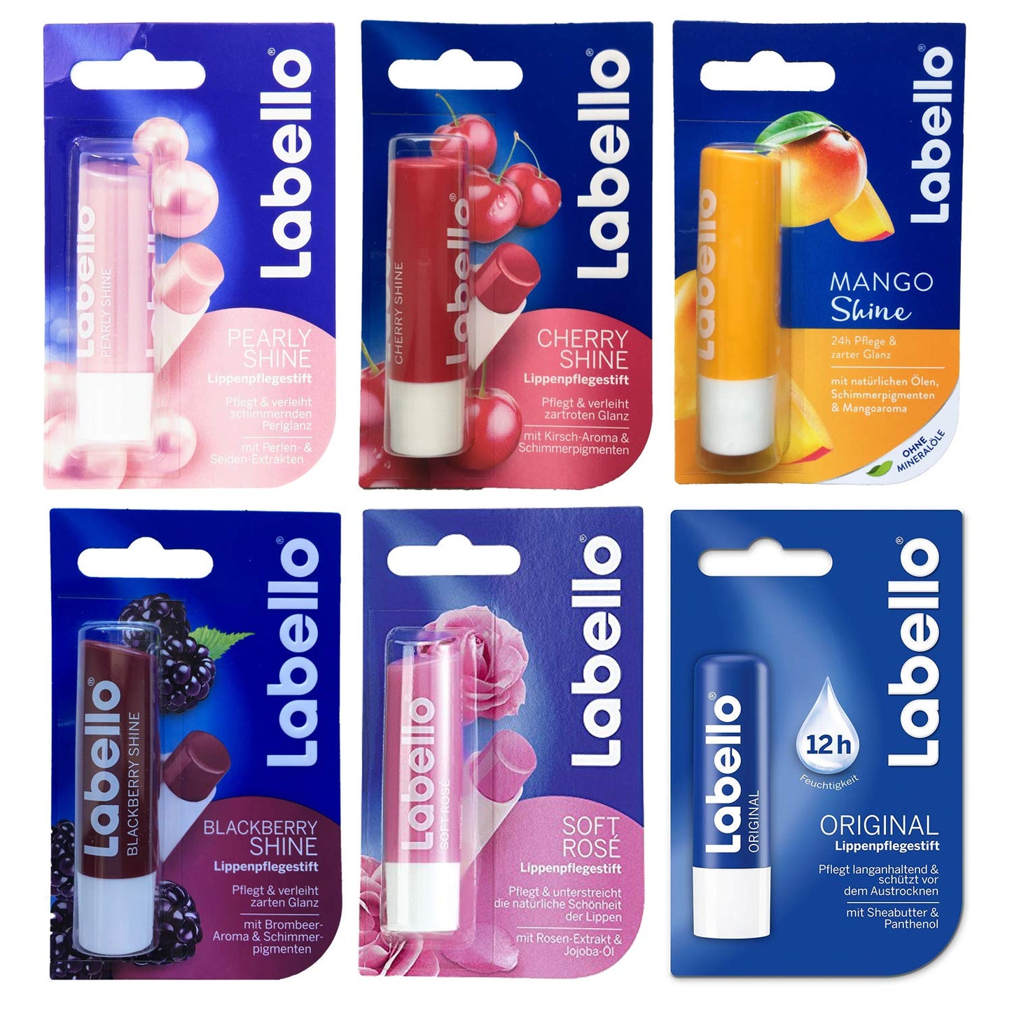 Lip Balm Bundle containing 6 different Labello Lip Balms - Pearly Shine, Cherry Shine, Mango, Blackberry Shine, Soft Rose, Original Beauty and Personal Care Labello