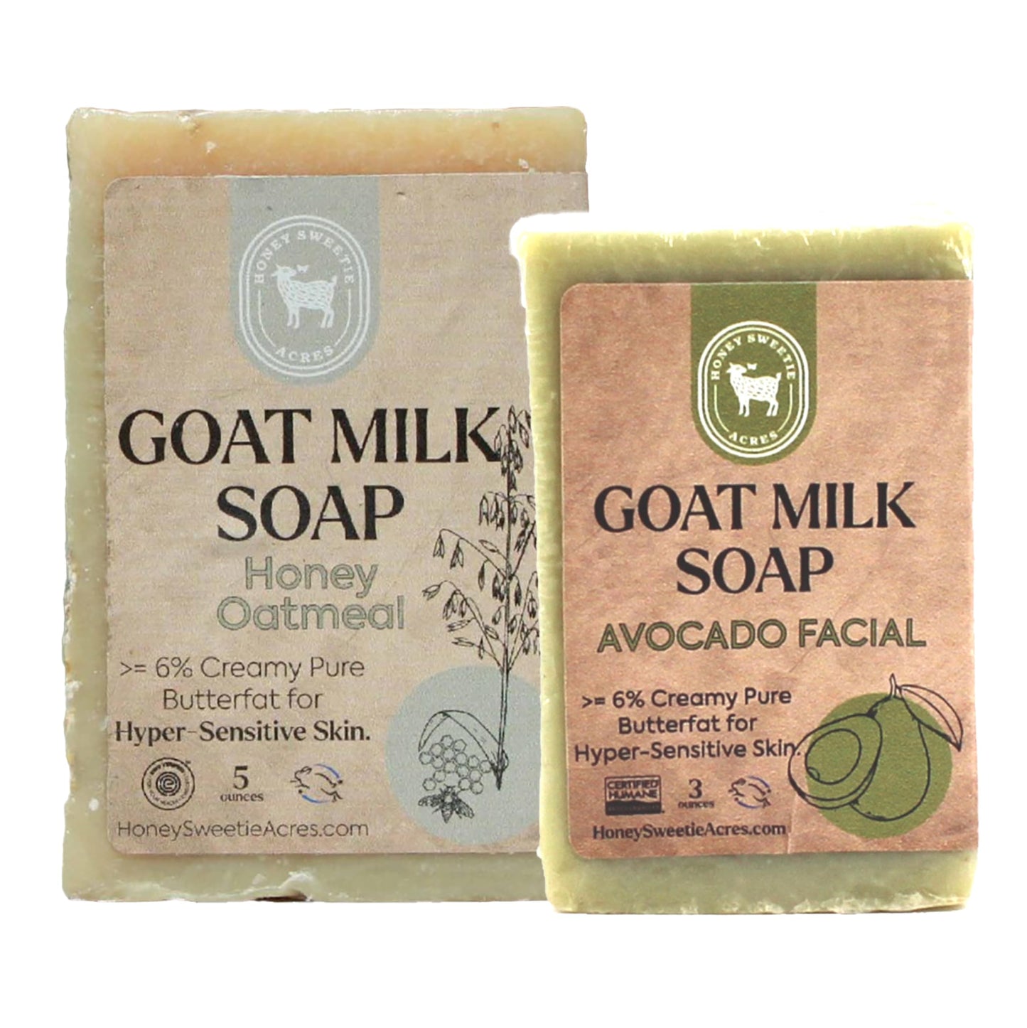 Honey Sweetie Acres Fresh of the Goat Face and Body Soap Bundle - 3 oz Avocado Facial Bar + 5 oz Hydrating Honey Oatmeal Goat Milk Soap - Handcrafted Beauty & Personal Care Honey Sweetie Acres