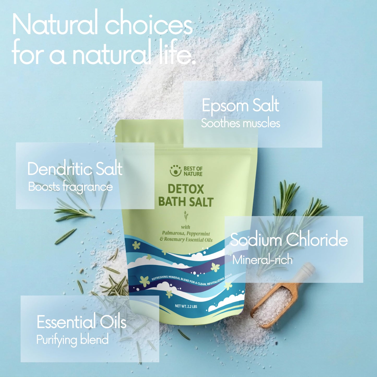 Best of Nature Detox Epsom Salt Bath Soak with Peppermint, Rosemary & Palmarosa Essential Oils, Mineral-Rich Bath Salts, Resealable Bag, 2.2 lb Beauty and Personal Care Best of Nature
