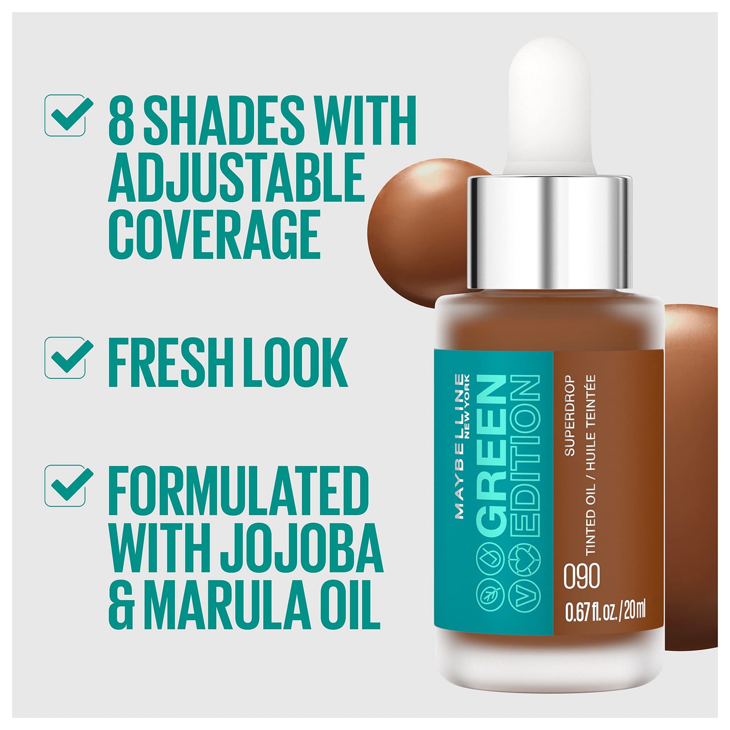 Maybelline Green Edition Superdrop Tinted Oil Base Makeup, Adjustable Natural Coverage Foundation Formulated With Jojoba & Marula Oil, 25, 1 Count Beauty & Personal Care MAYBELLINE