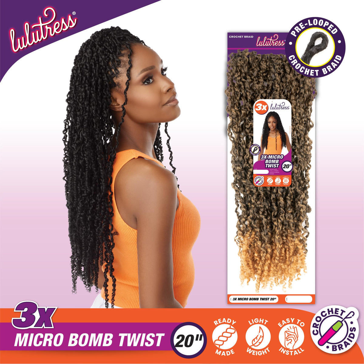 Sensationnel Lulutress Crochet Braiding Hair-3X Micro Bomb,20in, SM1B/350