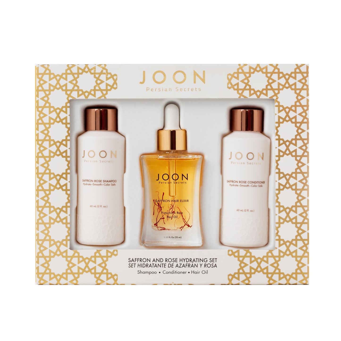 Joon Moisturizing Travel Size Gift Set | Saffron Hair Elixir (1.11 fl oz), Saffron Rose Shampoo (2 fl oz) and Conditioner (2 fl oz) Beauty & Personal Care Joon