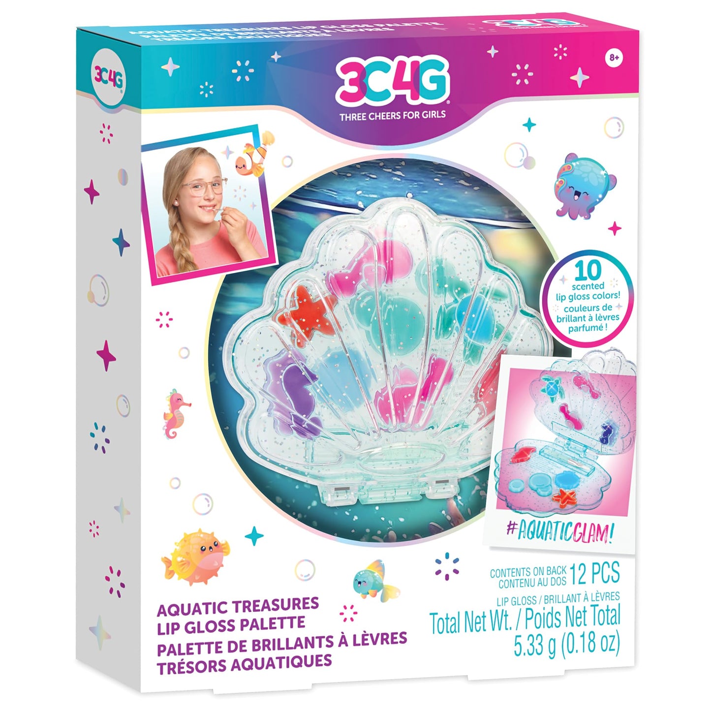 3C4G: Aquatic Treasures Lip Gloss Palette - Portable Clam-Shaped Case, 10 Fruity Strawberry-Scented Colors, Three Cheers For Girls, Kids Ages 8+ Beauty & Personal Care 3C4G THREE CHEERS FOR GIRLS