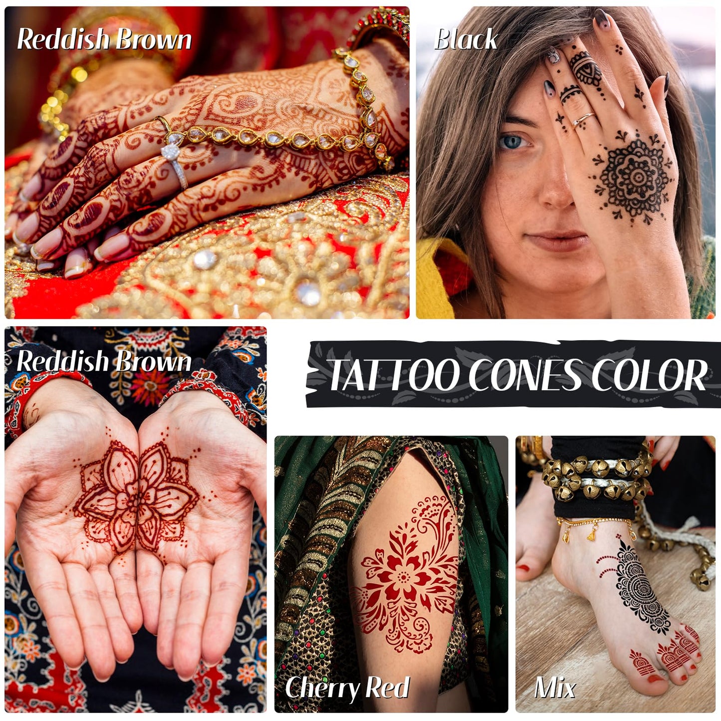 7 Pcs Temporary Tattoo Cone Kit, Tattoo Cones 3 Color (2 Black,2 Cherry Red,3 Reddish-Brown) ?India Body Art Skin Paint Tattoos Paste for Women, Men Beauty and Personal Care InkForge