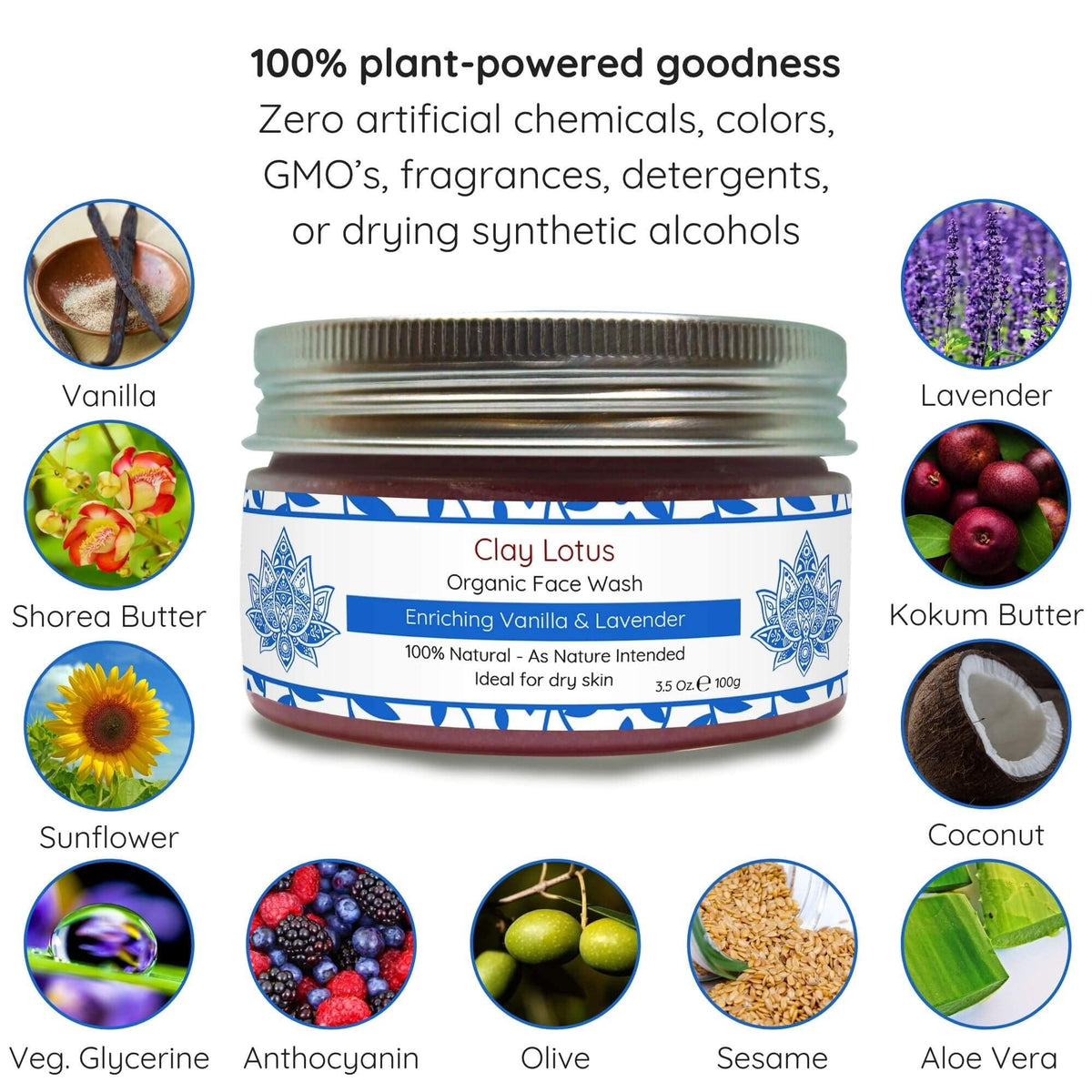Clay Lotus Organic Face Wash - Hydrating Cleanser for Dry, Mature Skin. Anti-aging, Natural Formula for Reduced Wrinkles and Restored Radiance- Vegan Beauty & Personal Care Clay Lotus