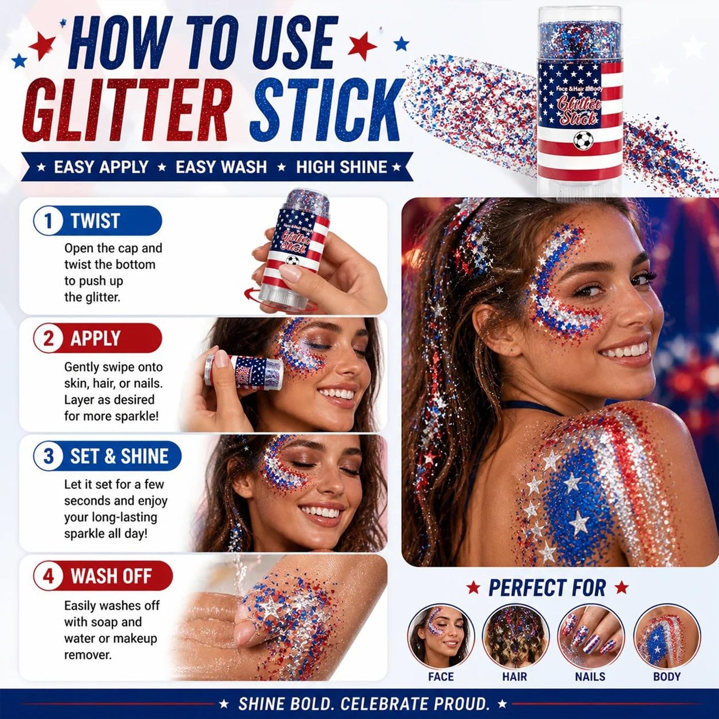 Red, White & Blue Body & Hair Sparkle, 4th of July Outfits and 250th Anniversary Accessories, Waterproof Sparkling Face Hair Glitter for Independence Beauty & Personal Care GIRLDREN