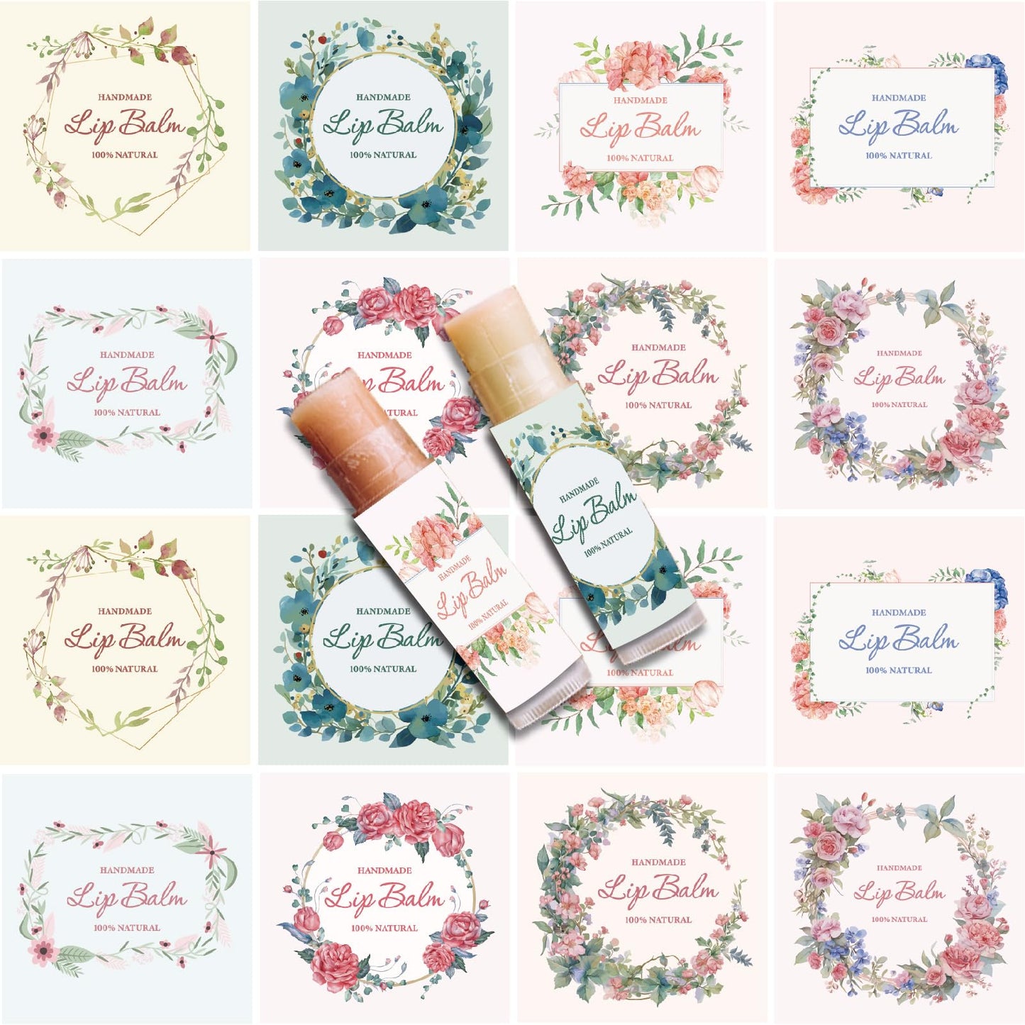 CRASPIRE 80Pcs 8 Styles Lip Balm Sticker Flower Leaf Wreath Plant Self-Adhesive Homemade Lip Balm Labels Vintage Square DIY Label Stickers for Lip Beauty and Personal Care CRASPIRE