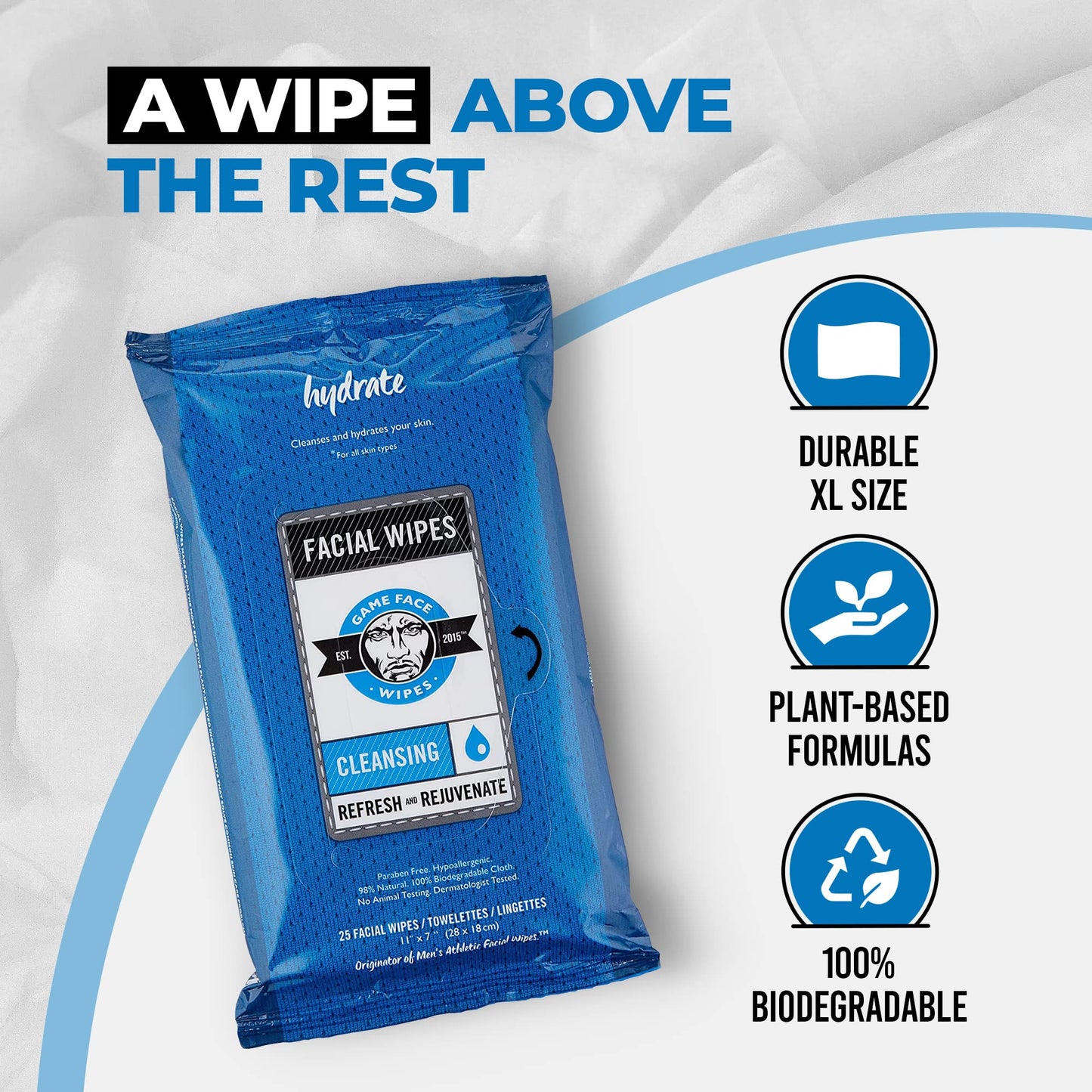Game Face Cleansing Face Wipes 25 Count Pack XL Size 100% Compostable, Naturally Formulated and Lightly Scented Hydrating, Refreshing Beauty & Personal Care Game Face Products, Inc.