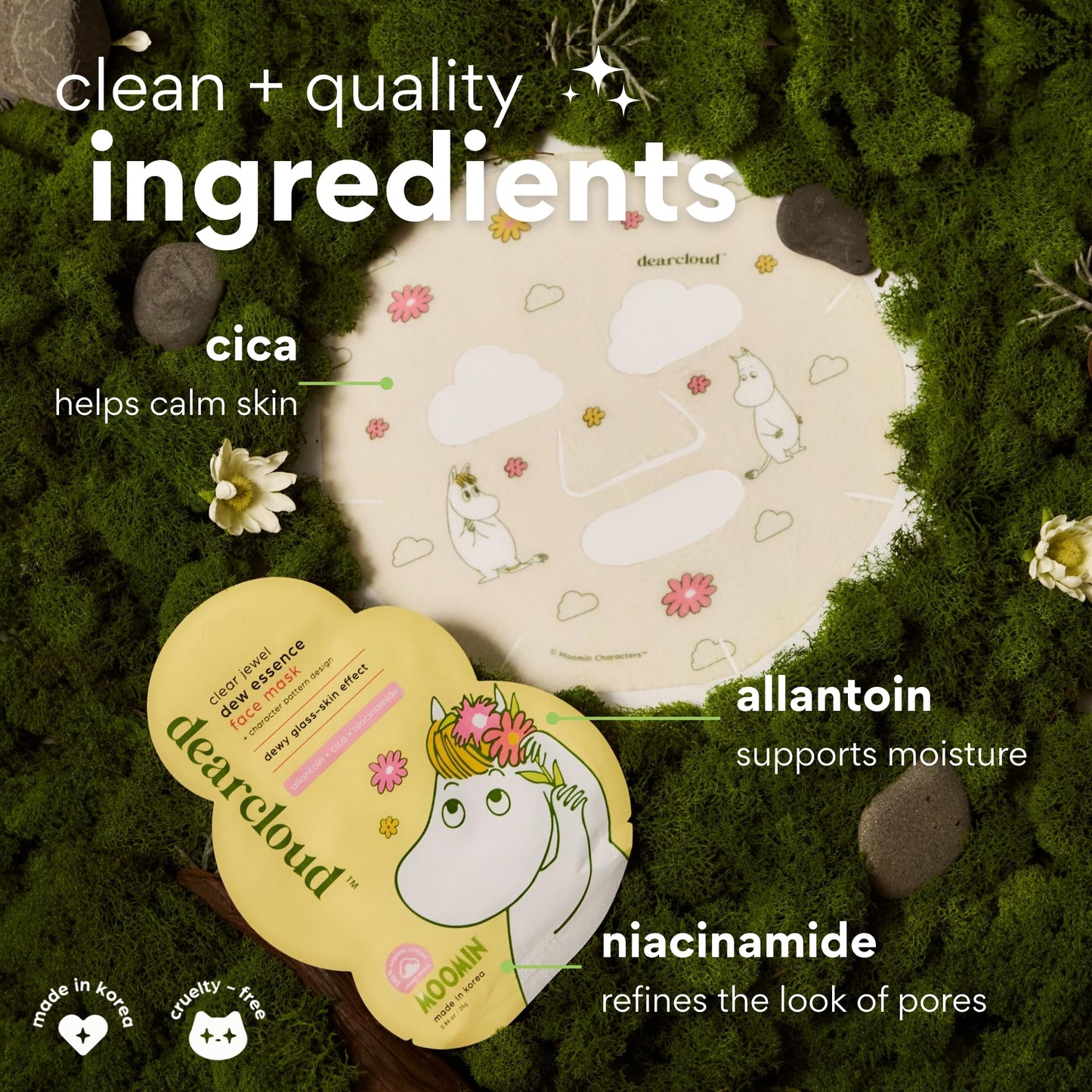 dearcloud Moomin' Clear Jewel Dew Essence Face Mask, Korean Sheet Mask - Allantoin, Niacinamide & Cica (3 Count) Beauty & Personal Care dearcloud