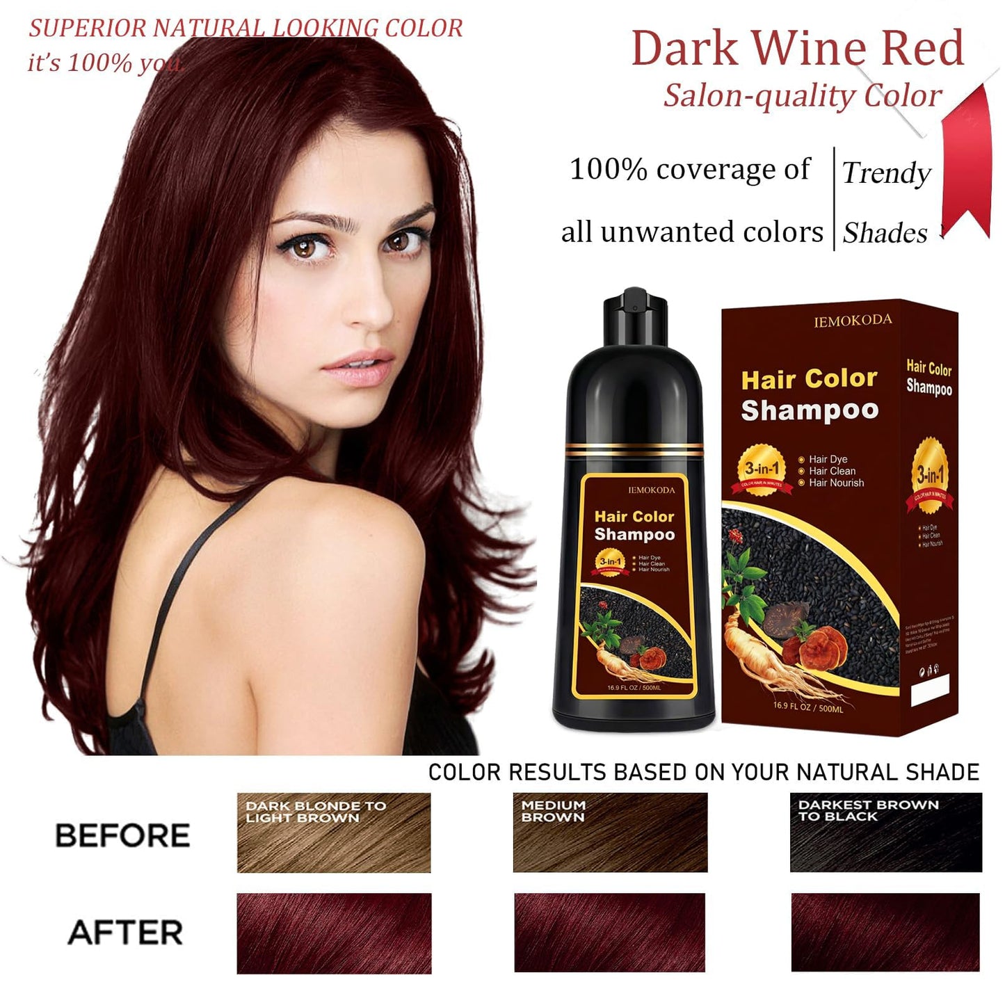 Dark Wine Red Hair Dye Shampoo 3 in 1 for Gray Hair, Instant & Long-lasting Natural Hair Color Shampoo for Women & Men, Root Touch Up, Champu para Beauty and Personal Care iemokoda