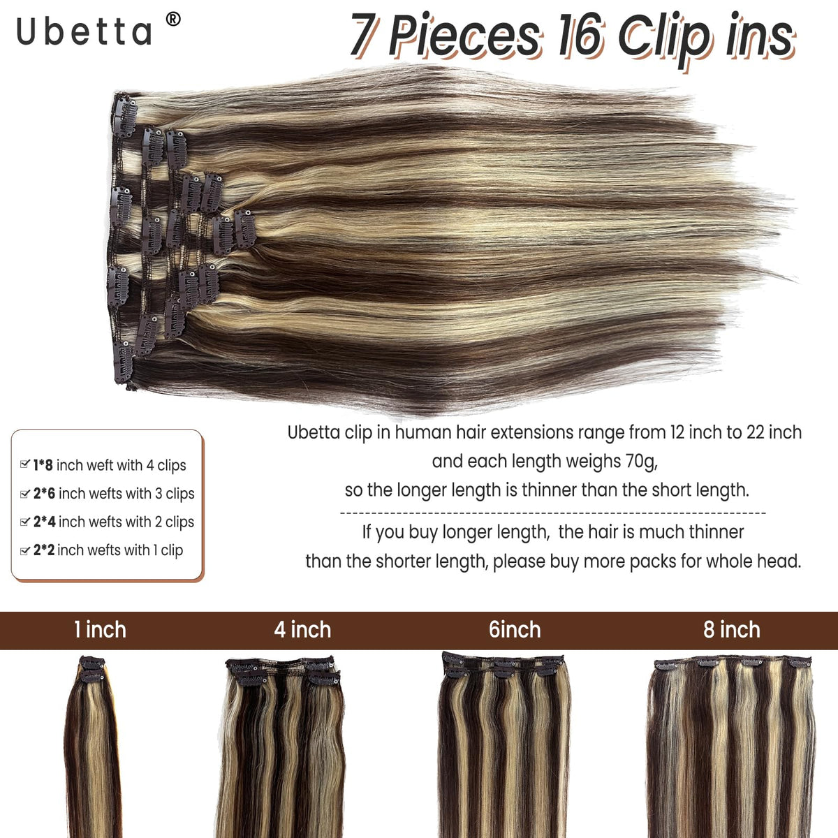Clip in Hair Extensions Real Human Hair, Chocolate Brown and Blonde Highlights Real Hair Extensions Clip in Human Hair 22 Inch 7 Pieces Double Weft