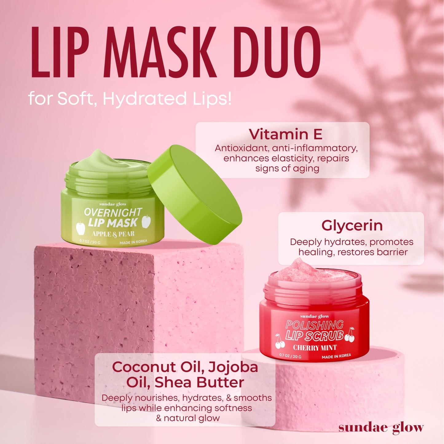 Sundae Glow Lip Mask & Scrub - Apple, Pear, Cherry & Mint - Hydrates, Exfoliates, Softens, Repairs Dry & Chapped Lips - Dermatologist Tested, Korean Beauty & Personal Care Sundae Glow