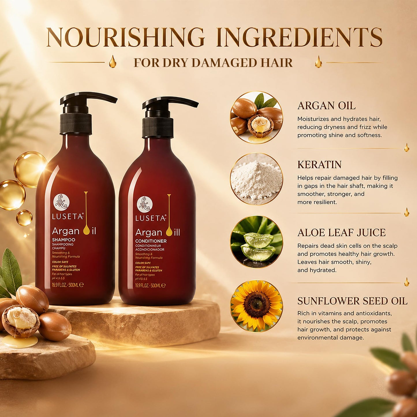 LUSETA Argan Oil Shampoo and Conditioner Set for Dry Damaged Hair - Smoothing & Thickening Treatment for Fine Thin Hair, Anti-Frizz Nourishing Formula Beauty & Personal Care L LUSETA