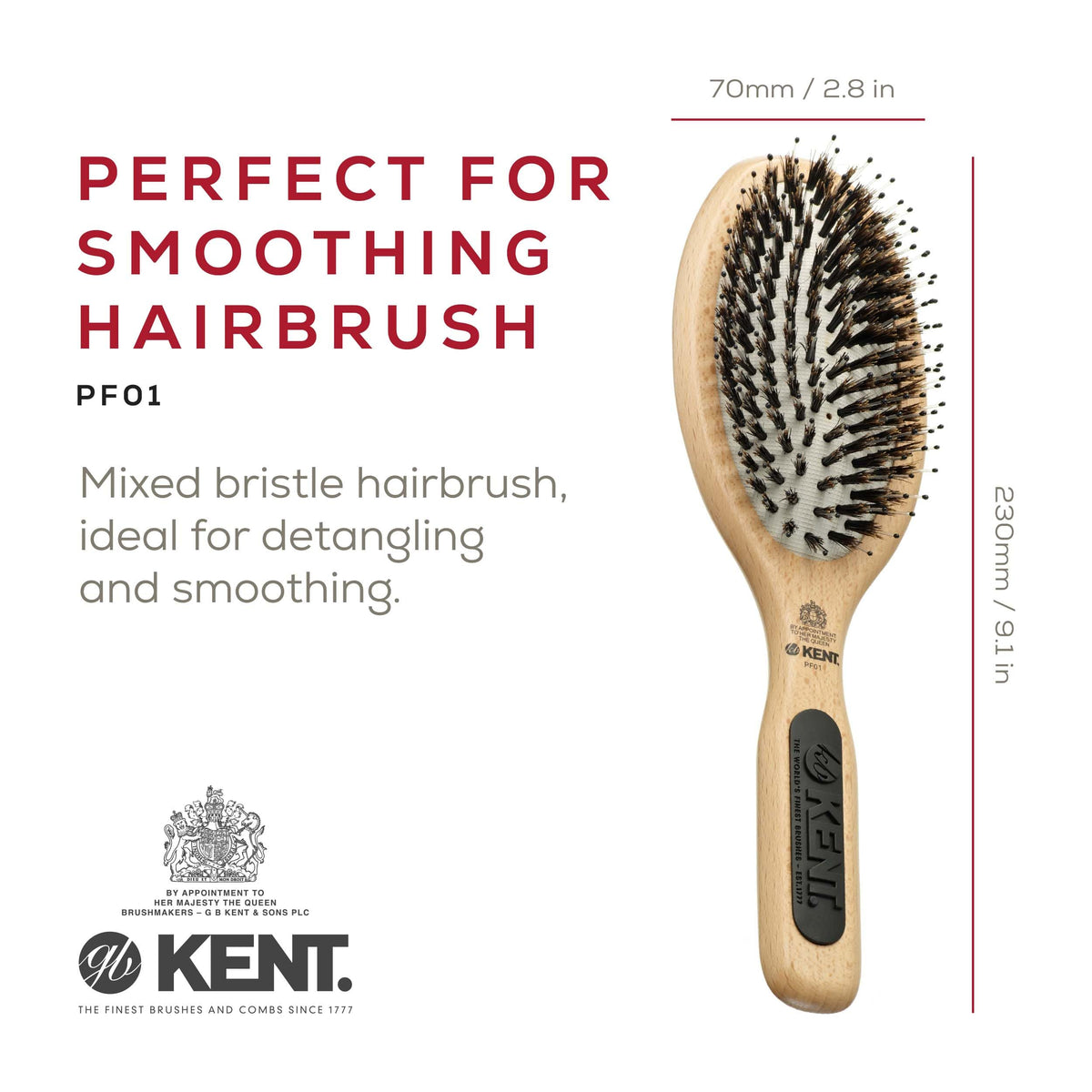 Kent PF01 Large Cushion Detangler Brush, Boar Bristle and Non-Scratch Nylon Mix Hairbrush for Straightening Smoothing. Oval Wood Paddle Detangling