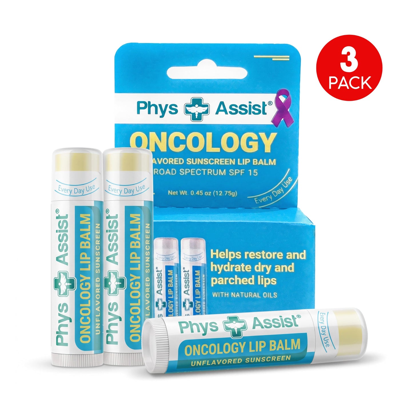 PhysAssist Oncology SPF 15 USDA Organic Lip Balm Unflavored 3 Pack - Hydrating & Protective Lip Care for Dry, Delicate & Sensitive Lips Beauty and Personal Care PhysAssist