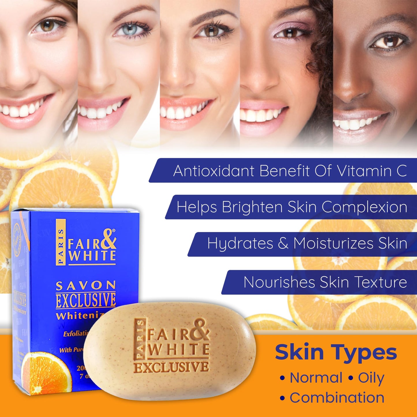 FAIR & WHITE Exclusive Exfoliating Soap - 7 oz / 200 g - Skin Brightening Bar, Moisturizing Soap for Uneven Skin Tone, with Vitamin C and Shea Butter Beauty & Personal Care FAIR & WHITE
