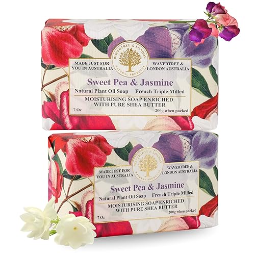 Wavertree & London Sweet Pea & Jasmine Scented Natural Soap (2 Bars), 7oz Moisturizing French Triple Milled Soap Bars enriched with shea butter - Pure Beauty & Personal Care Wavertree & London
