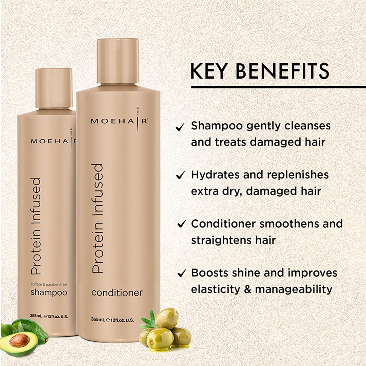 MOEHAIR Protein Infused Shampoo and Conditioner Set for Dry & Damaged Hair | Strengthens Hair Fiber | Sulfate & Paraben Free | Adds Shine, Softens Beauty & Personal Care MOEHAIR