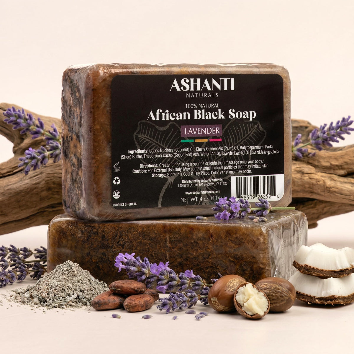 Ashanti Naturals African Black Soap Bar | Scented Natural Black Soap with Raw Shea Butter and Coconut Oil - 2pk 4oz Bars (Lavendar) Beauty & Personal Care Ashanti Naturals