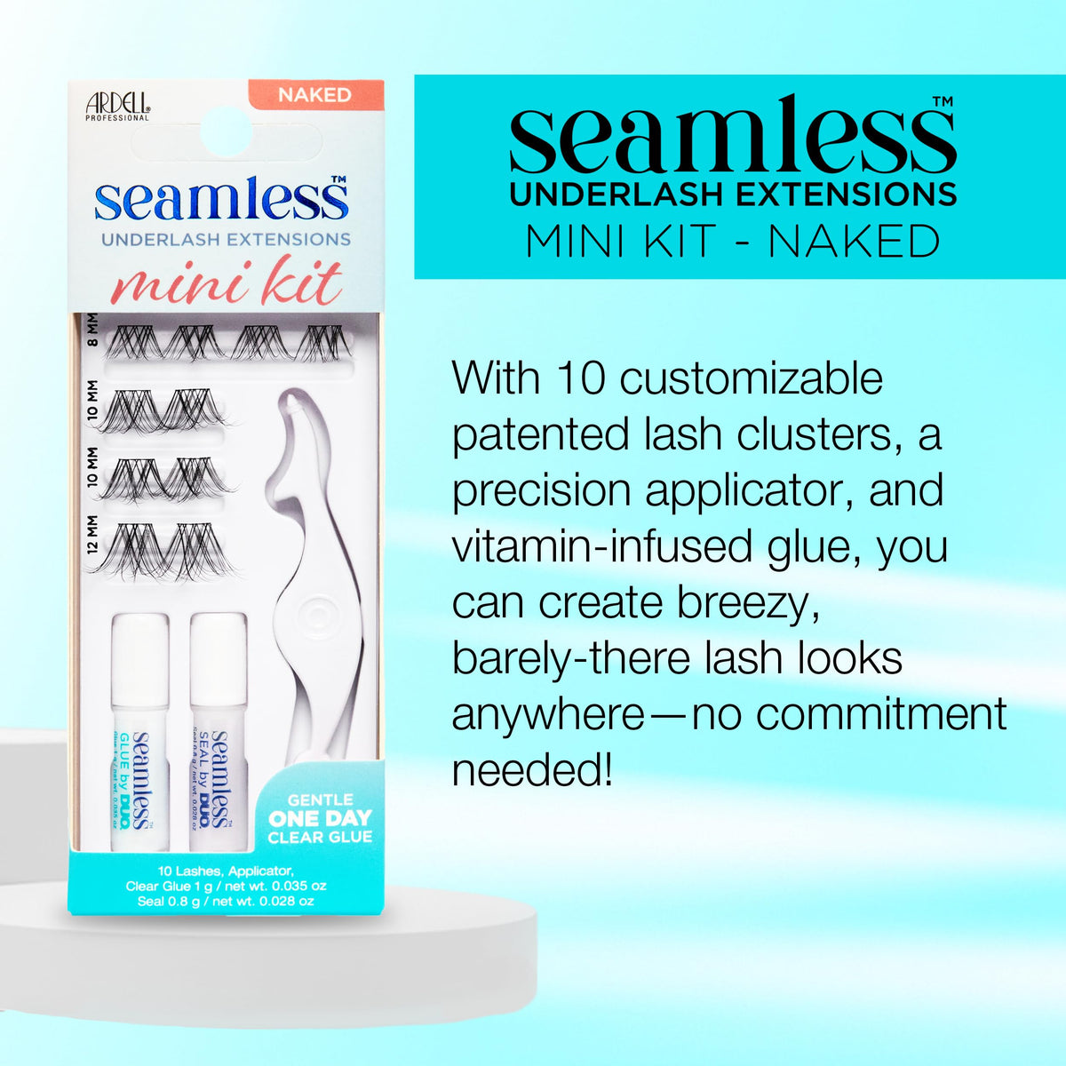 Ardell Seamless Cluster Eyelash Extensions Mini Kit Naked Lashes - DIY Lash Extension Kit with Applicator, Glue & Seal, Natural Cluster Lashes, 10