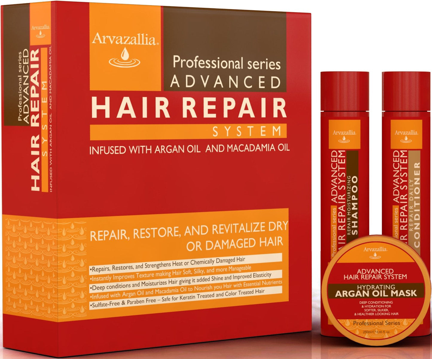Advanced Hair Repair Shampoo, Conditioner and Deep Conditioner Mask System Set for Dry or Damaged Hair with Argan and Macadamia Oil by Arvazallia Beauty & Personal Care Arvazallia