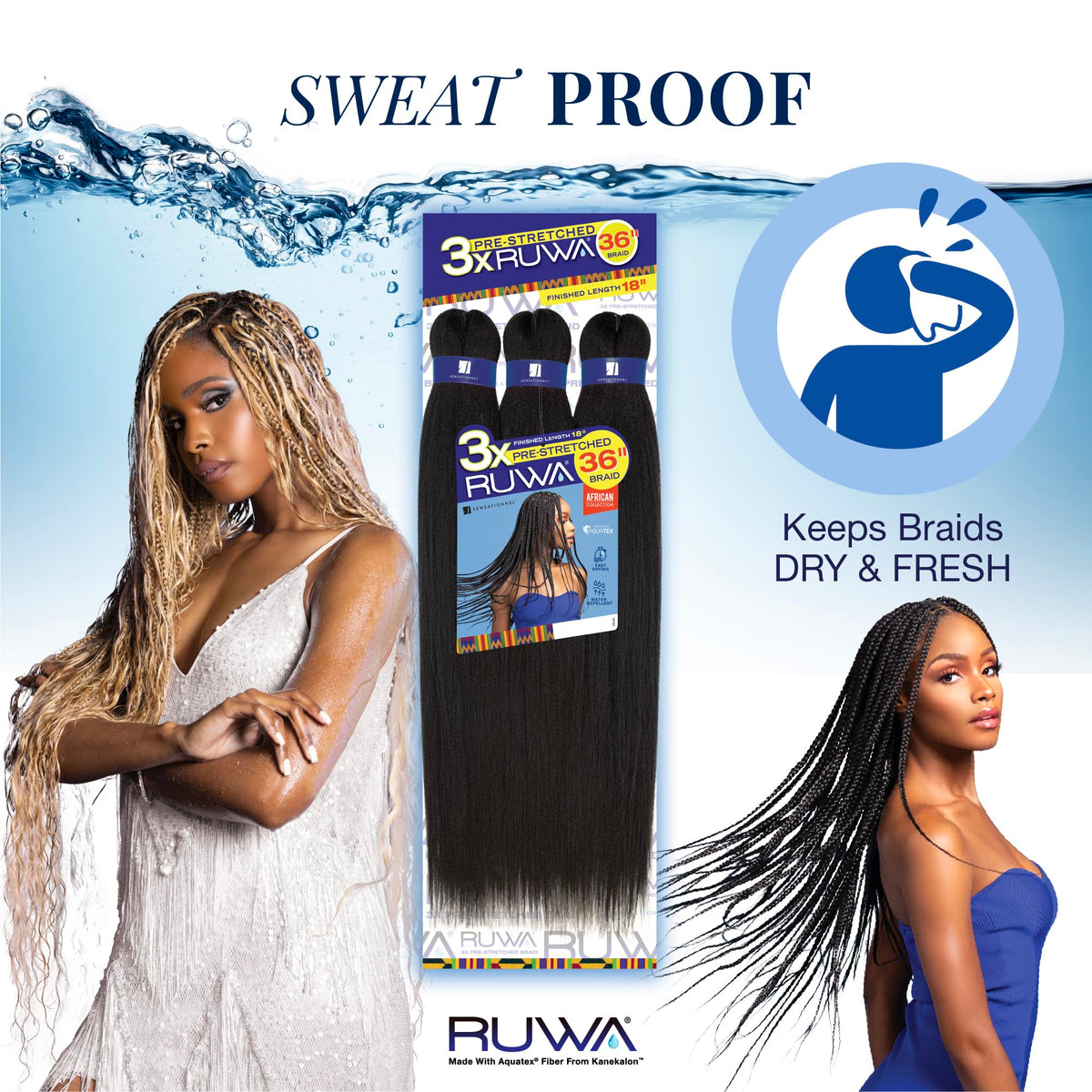 Sensationnel Ruwa Prestretched Braiding Hair-3X 36 Inch,3 pack 1 JETBLACK