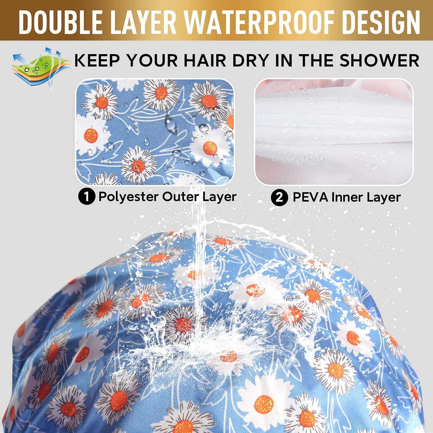 Reusable Shower Cap, Hair Cap, Oversized Waterproof Shower Caps Large Designed for all Hair Lengths with PEVA Lining & Elastic Band Stretch Shower Hat Beauty & Personal Care Fishent