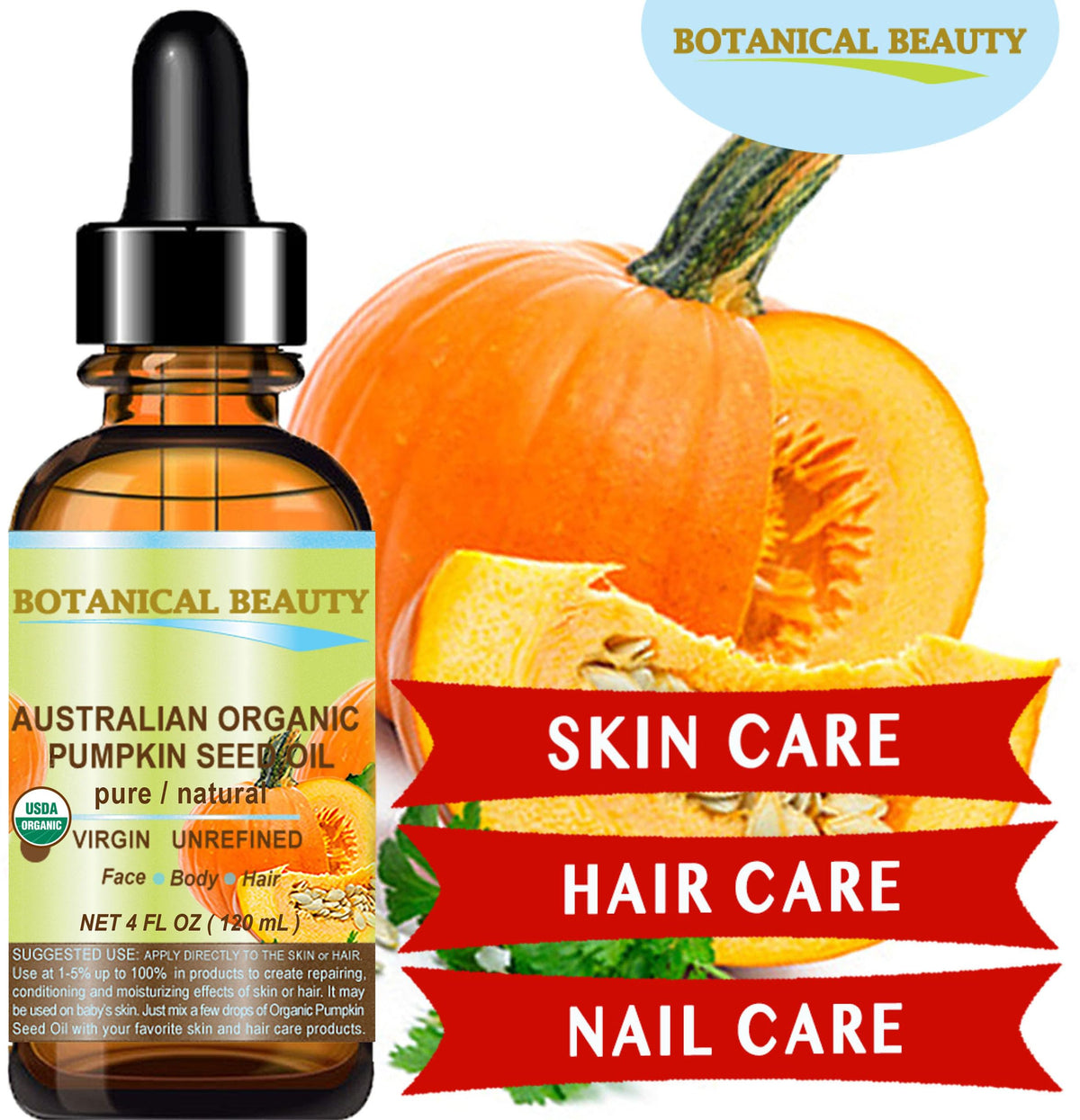 Botanical Beauty Australian ORGANIC PUMPKIN SEED OIL 100% Pure Natural Virgin Unrefined Cold Pressed Carrier Oil. 1 Fl.oz.- 30 ml. for Face, Skin Beauty & Personal Care Botanical Beauty