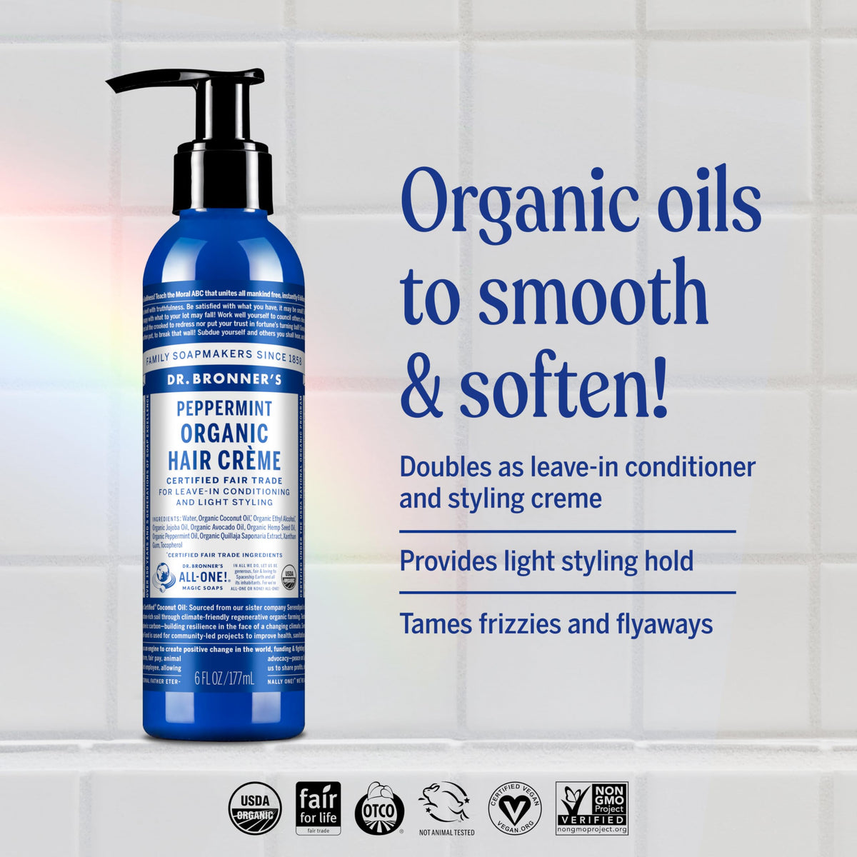 Dr. Bronner's - Organic Hair Crème (Peppermint, 6 Ounce, 2-Pack) - Leave-In Conditioner and Styling Cream, Made with Organic Oils, Hair Cream Supports Beauty & Personal Care Dr. Bronner's