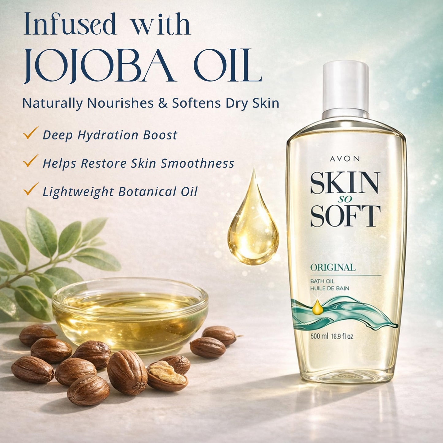 AVON Skin So Soft Original Bath Oil for Women, Moisturizing Body Oil with Jojoba Oil for Dry Skin, 16.9 fl oz Hydrating Shower Oil; Perfect as Beauty and Personal Care AVON