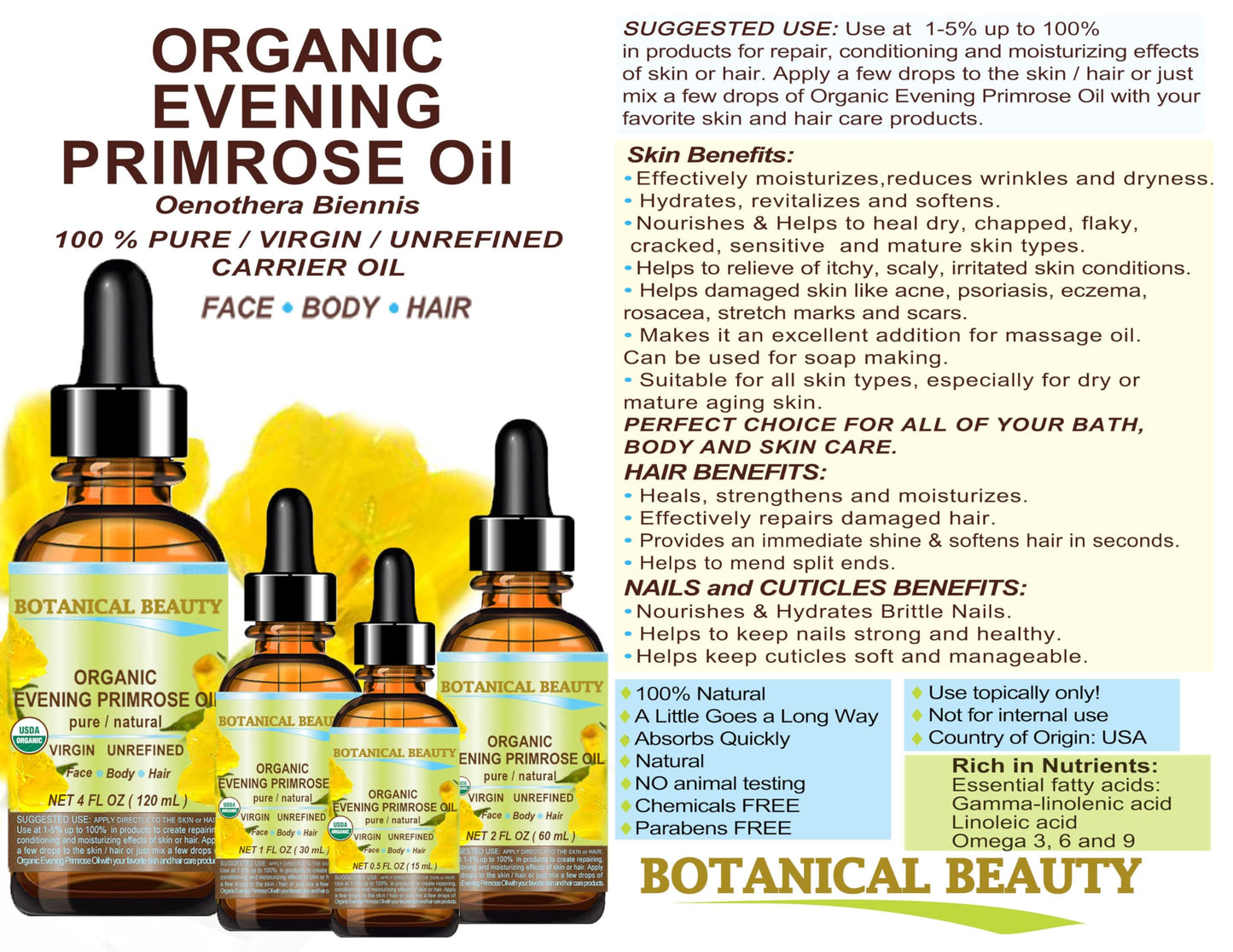 Botanical Beauty Organic EVENING PRIMROSE OIL 100% Pure Natural Undiluted Unrefined Virgin Cold Pressed Carrier Oil. 0.5 Fl.oz.- 15 ml for face, skin Beauty & Personal Care Botanical Beauty
