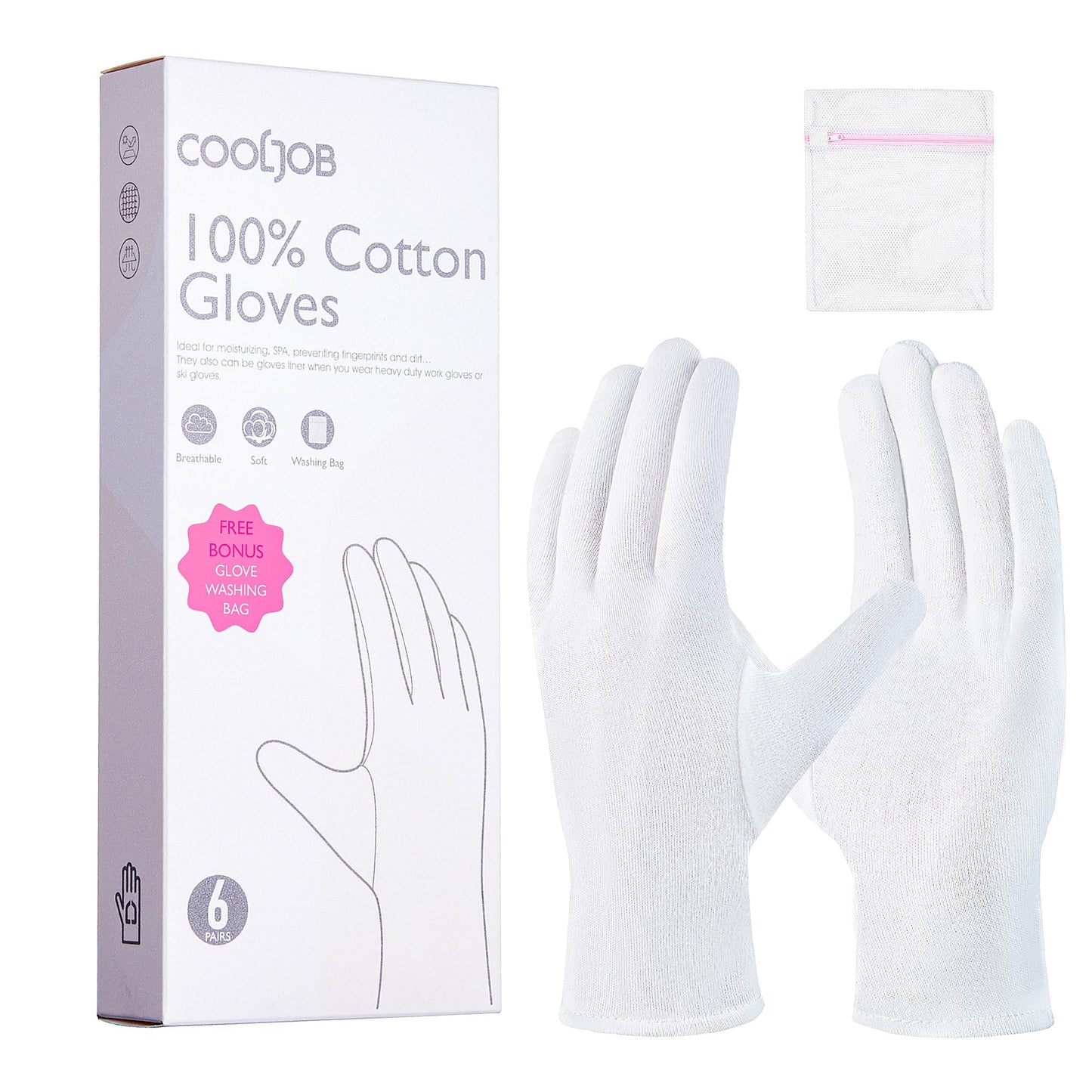 COOLJOB 100% Cotton Gloves, 6 Pairs White Cotton Gloves for Dry Hands Moisturizing & Eczema, Overnight Lotion, Sleep & Spa Treatment for Women & Men Beauty and Personal Care COOLJOB