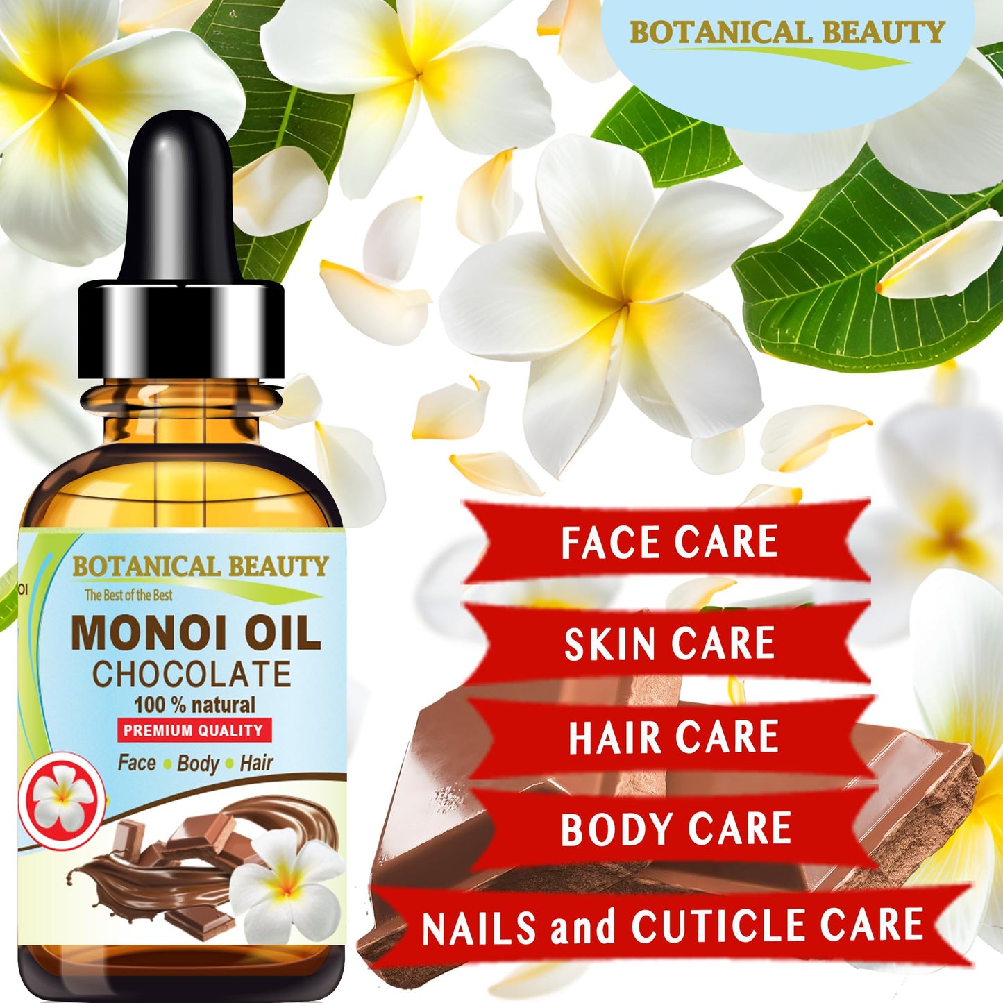 Botanical Beauty MONOI OIL Chocolate. Frangipani flowers in Coconut Oil with Chocolate aroma. 100% Natural Pure for FACE, SKIN, BODY, HAIR, NAILS Beauty & Personal Care Botanical Beauty