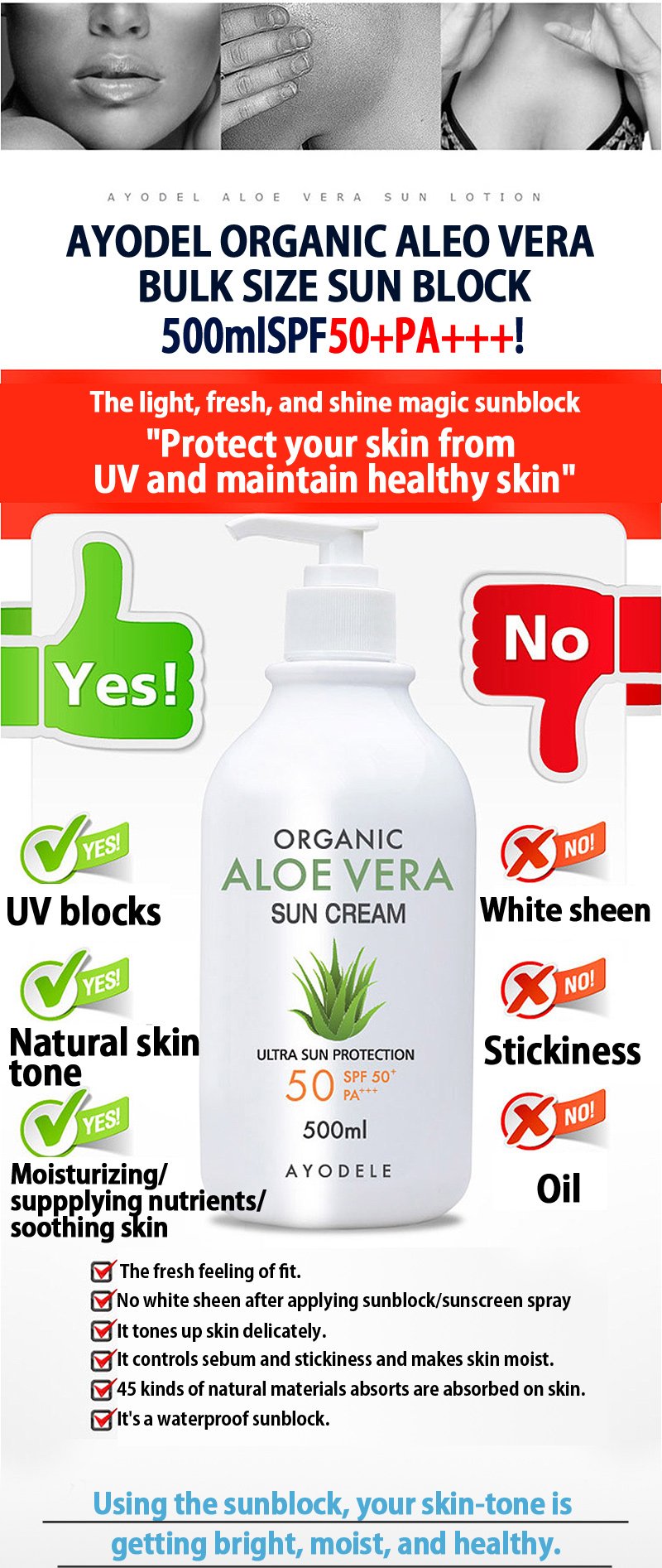 Ayodele Aloe Vera SPF50+ PA+++ Body and Face Sunscreen 16.9 oz Beauty & Personal Care Ayodele