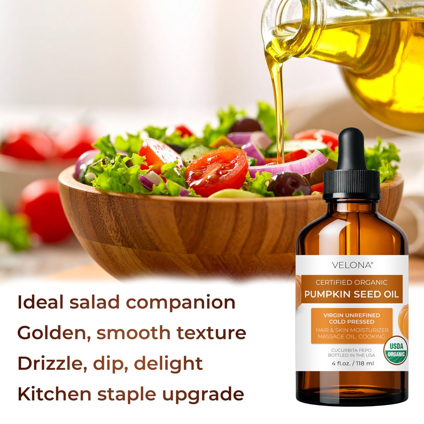 velona Pumpkin Seed Oil USDA Certified Organic - 4 Fl Oz | 100% Pure and Natural Carrier Oil | Unrefined, Cold Pressed | Cooking, Face, Hair, Body Beauty & Personal Care velona