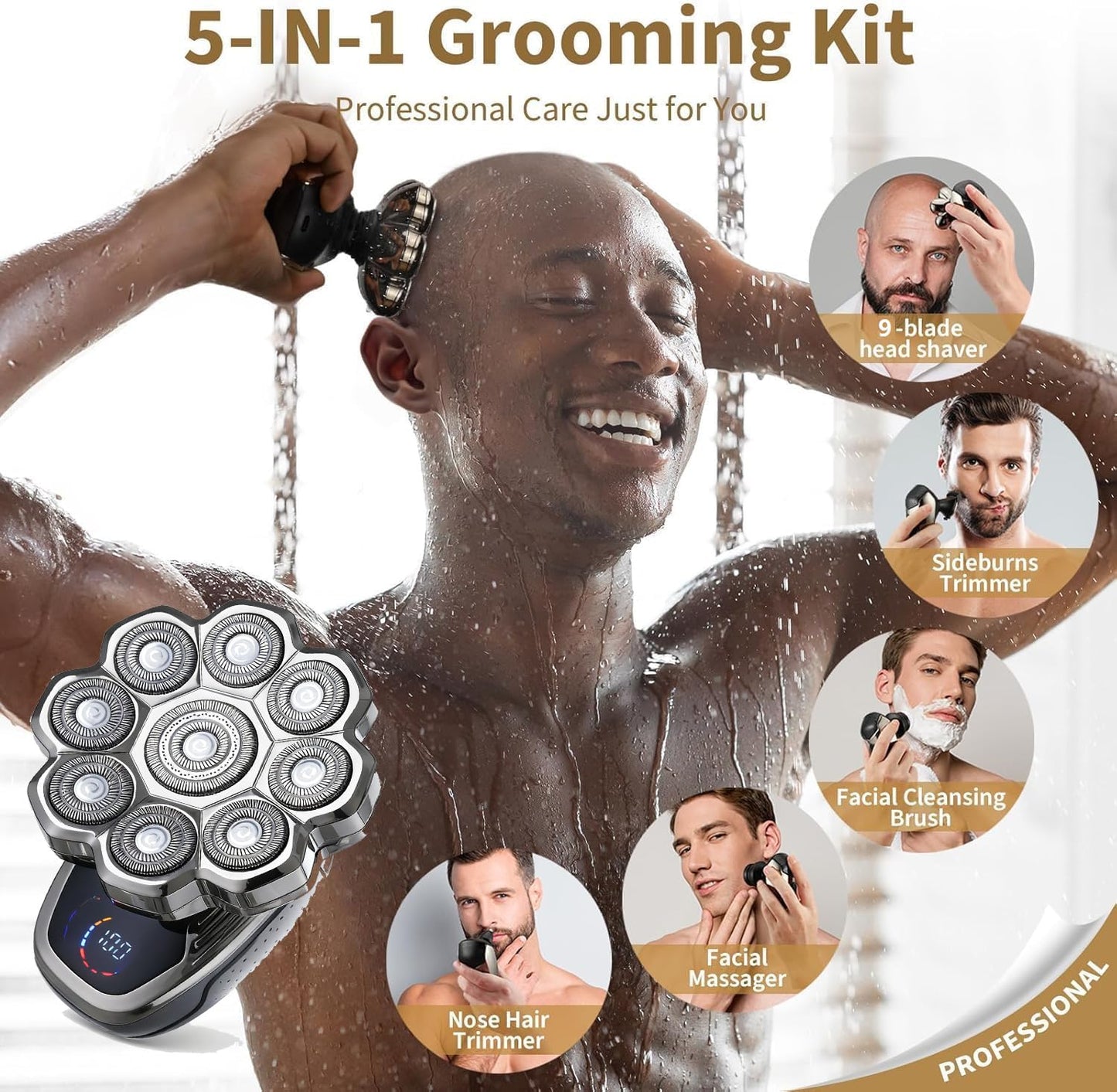 2025 New 9D Head Shavers for Bald Men, 5-in-1 Electric Razor Bawldy 9.0 Floating Pro Ultra Groomie Shaver IPX6 Waterproof with LCD Display Type-C Beauty and Personal Care HAHAKEE