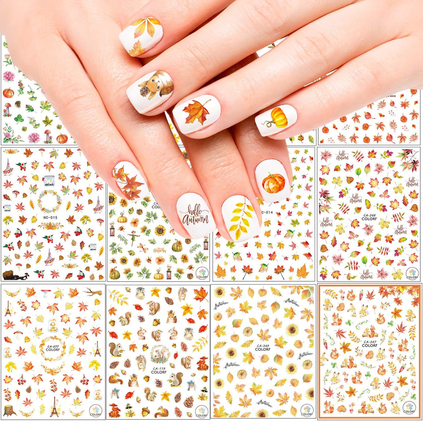 Adurself 1000+ Patterns Autumn Nail Art Decals Fall 3D Nail Self-Adhesive Stickers Harvest Pumpkin Maple Leaves Sunflower Squirrel for Women Girls Beauty & Personal Care Adurself