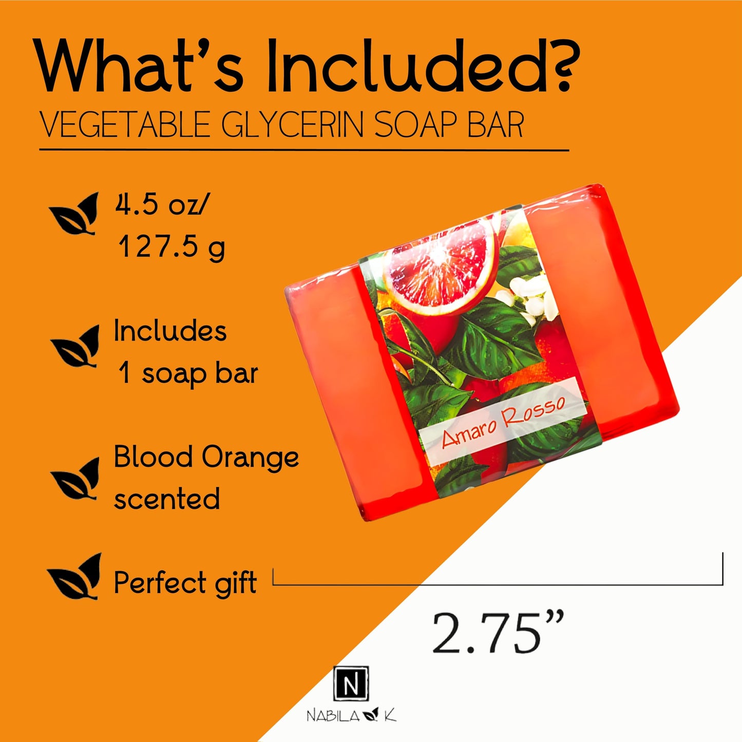 Nabila K Amaro Rosso Glycerin Bar Soap | Blood Orange Scent | Natural, Vegan, Hypoallergenic | 100% Vegetable Glycerin, Sulfate-Free, Paraben-Free | Beauty & Personal Care Nabila K