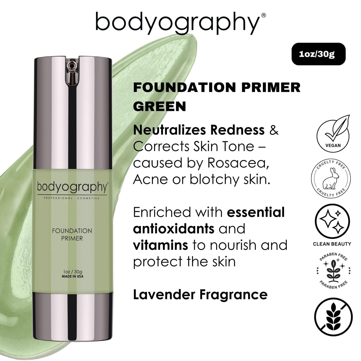 BODYOGRAPHY - Foundation Primer (Green): Flawless Anti-Aging Salon Makeup Primer w/Vitamin E, A, Jojoba, Grapeseed Oil | Control Shine | Gluten-Free Beauty & Personal Care Bodyography