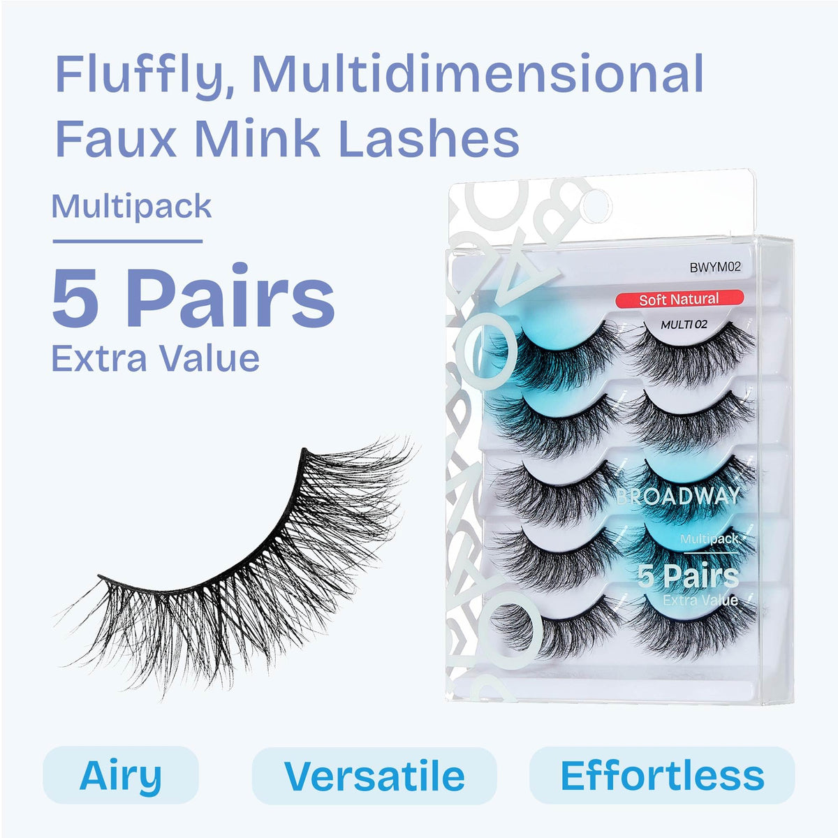 Broadway False Lashes Multipack, Faux Mink Wispy Volume Strip Eyelashes, Natural Look for Daily & Glam Wear, 5 Pairs Fluffy & Lightweight Cat Eye
