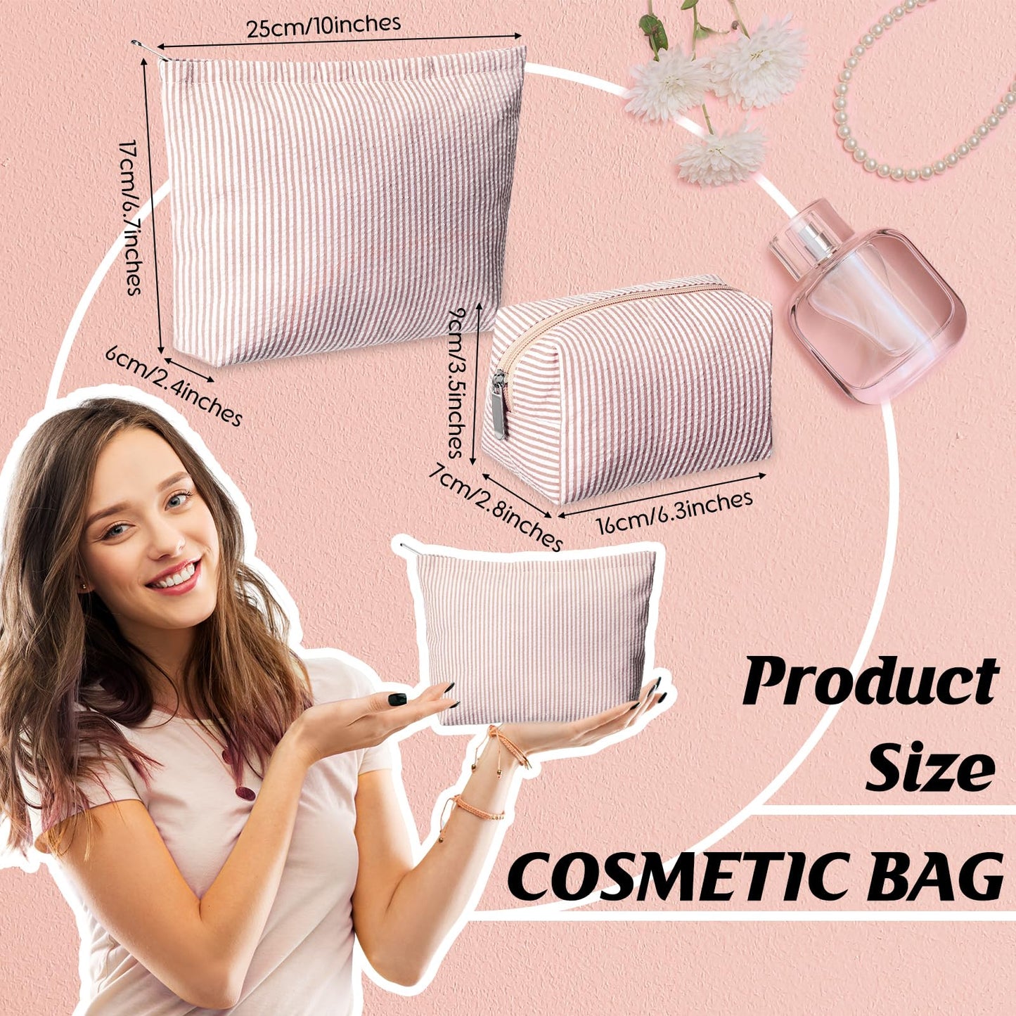 Huhumy 2 Pcs Makeup Bag Set Cute Cosmetic Pouch for Women Seersucker Travel Toiletry Bag Preppy Small Makeup Purse Pouch Aesthetic Skincare Brushes Beauty and Personal Care Huhumy