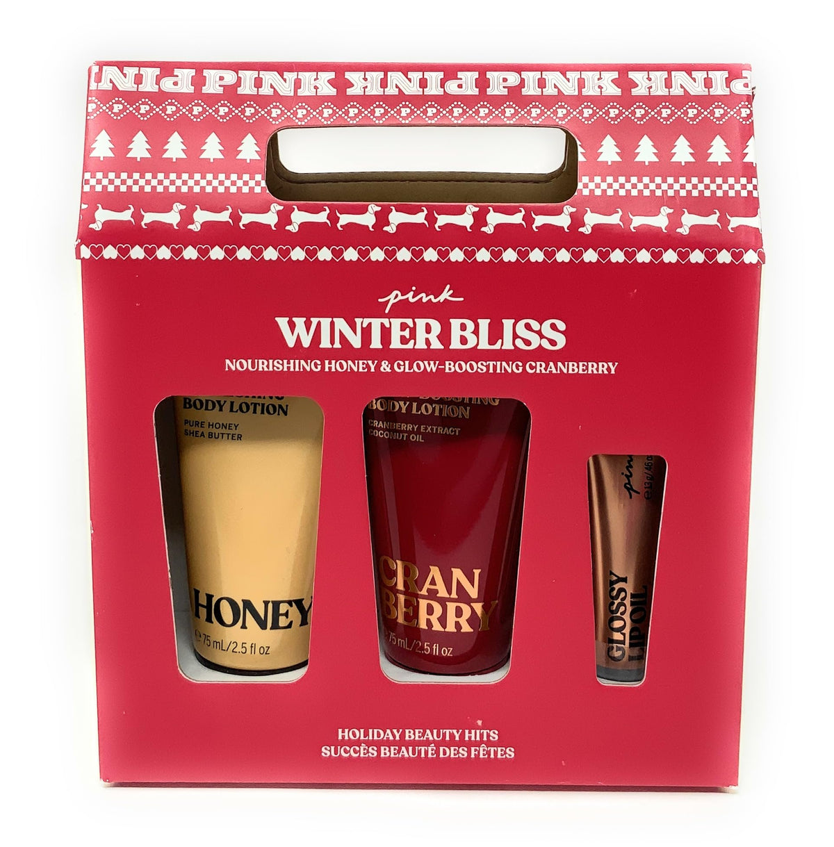 Victoria's Secret PINK Winter Bliss Nourishing Honey & Glow-Boosting Cranberry Lotion, Lip Oil Gift Set 3pc