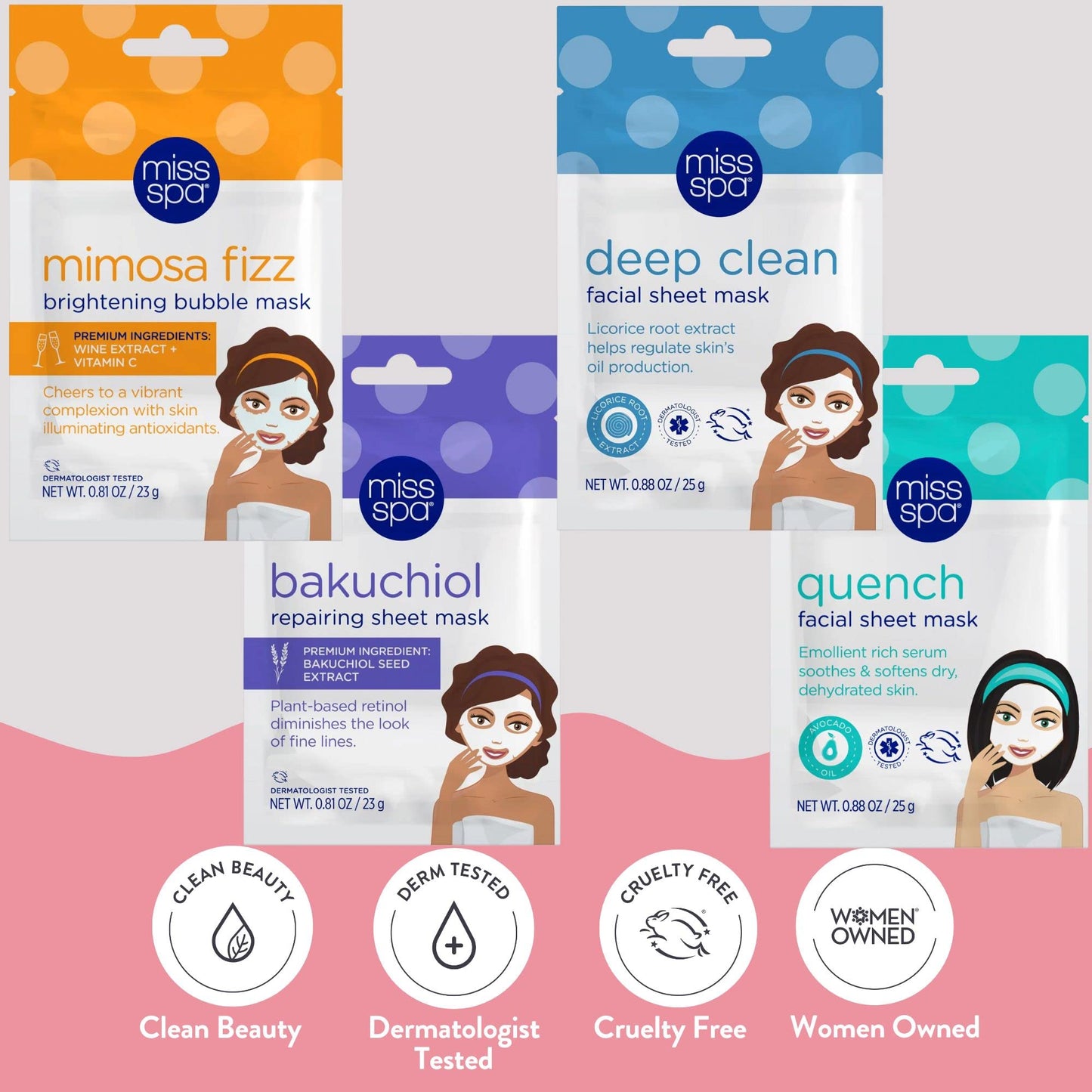 MISS SPA Face Mask Skin Care Set for Women, Deep Clean Face Mask, Quench, Mimosa fizz, Bakuchiol Facial Sheet Mask, Anti-Aging, Anti-Wrinkle Beauty & Personal Care MISS SPA