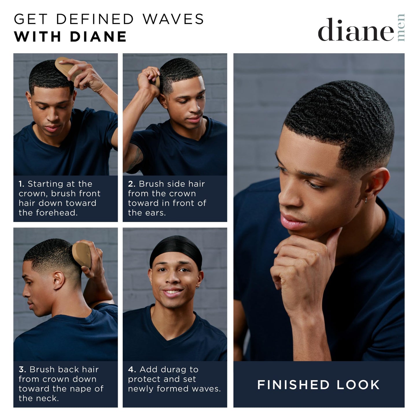 Diane Reinforced Boar Bristle Military Wave Brush for Men and Barbers - Hard Bristles for Thick to Coarse Hair - Use for Detangling, Smoothing, Wave Beauty & Personal Care Diane