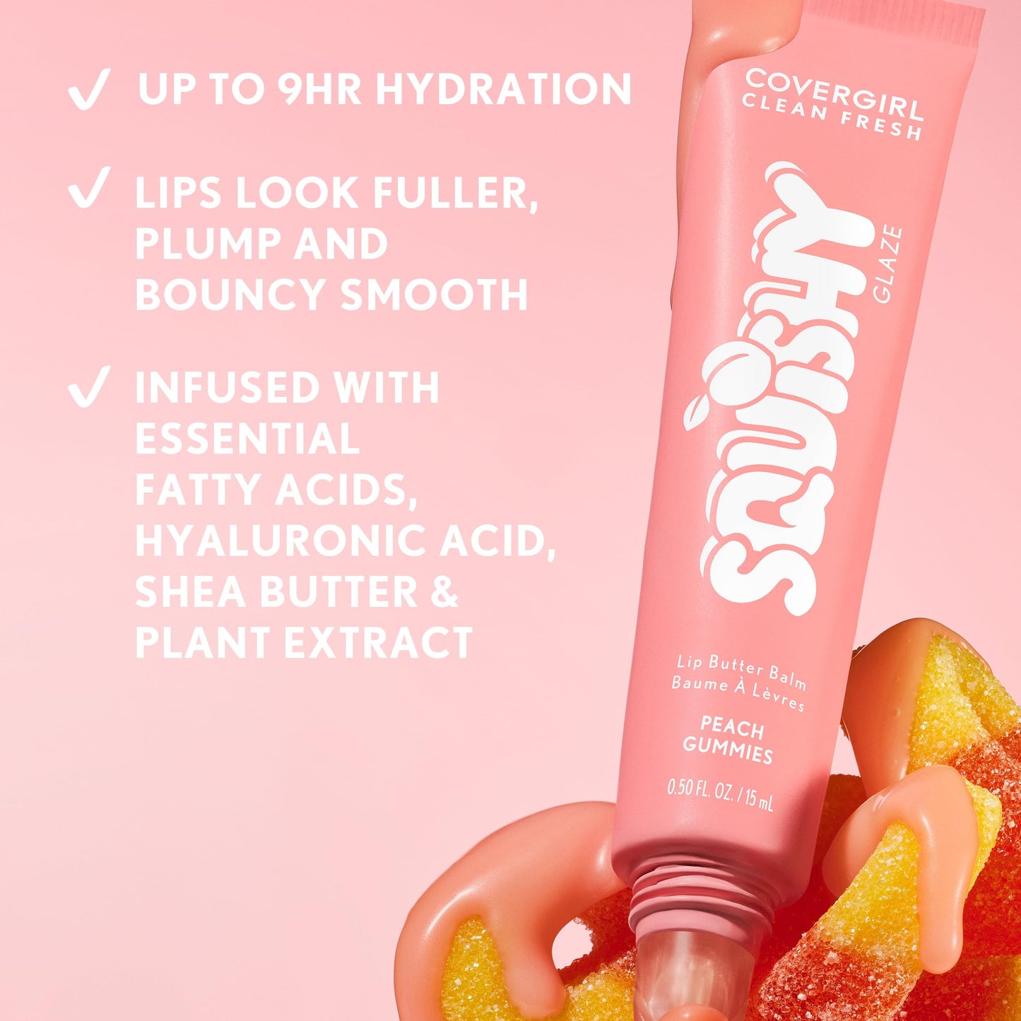 COVERGIRL Clean Fresh Squishy Glaze™ Lip Butter Balm, Flavored, Non-Sticky, with Vitamin E & Shea Butter - 180 Peach Gummies (Sheer Peach Pink) Beauty and Personal Care COVERGIRL