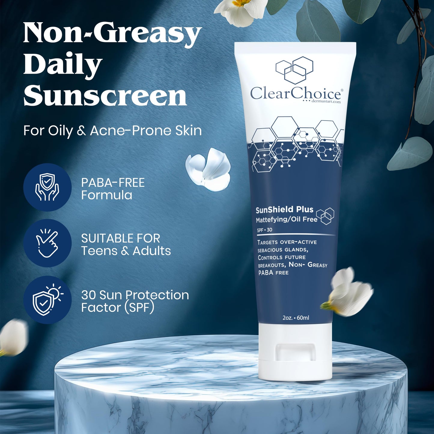 Clear Choice Sun Shield Plus 1.7oz - Non-Greasy Daily Sunscreen for Oily & Acne-Prone Skin, SPF 30, Controls Breakouts & Sebum, PABA-Free with Zinc Beauty & Personal Care ClearChoice, Dermastart, Inc