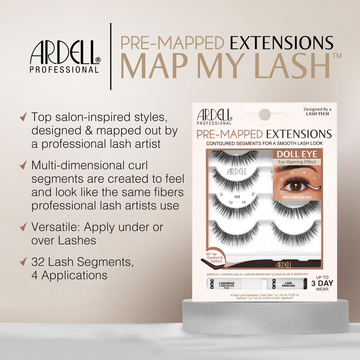 Ardell Pre-Mapped Eyelash Extensions Kit - False Lashes Doll Eye, Reusable Segmented Lash Strips, Long-Lasting with Glue and Remover, 4 Pack