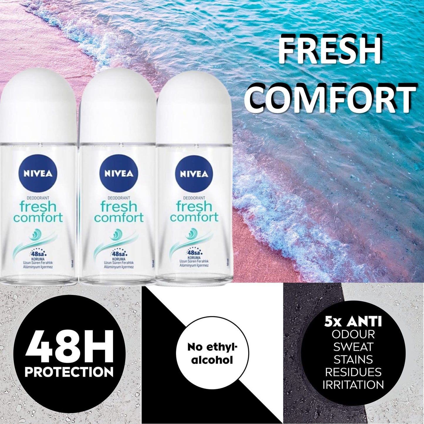 NIVEA FRESH COMFORT, ROLL-ON - FREE ALCOHOL, ANTIPERSPIRANT DEODORANT, 48 HOURS PROTECTION, 1.7 OZ (PACK OF 3) Beauty and Personal Care NIVEA