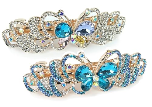Butterfly Hair Barrettes - Jeweled Clips - Roses - Gold Metal with Rhinestones - Multi-Colored Jewels - 3.5" x 1.25" - Set of 2 Beauty & Personal Care BANBERRY DESIGNS